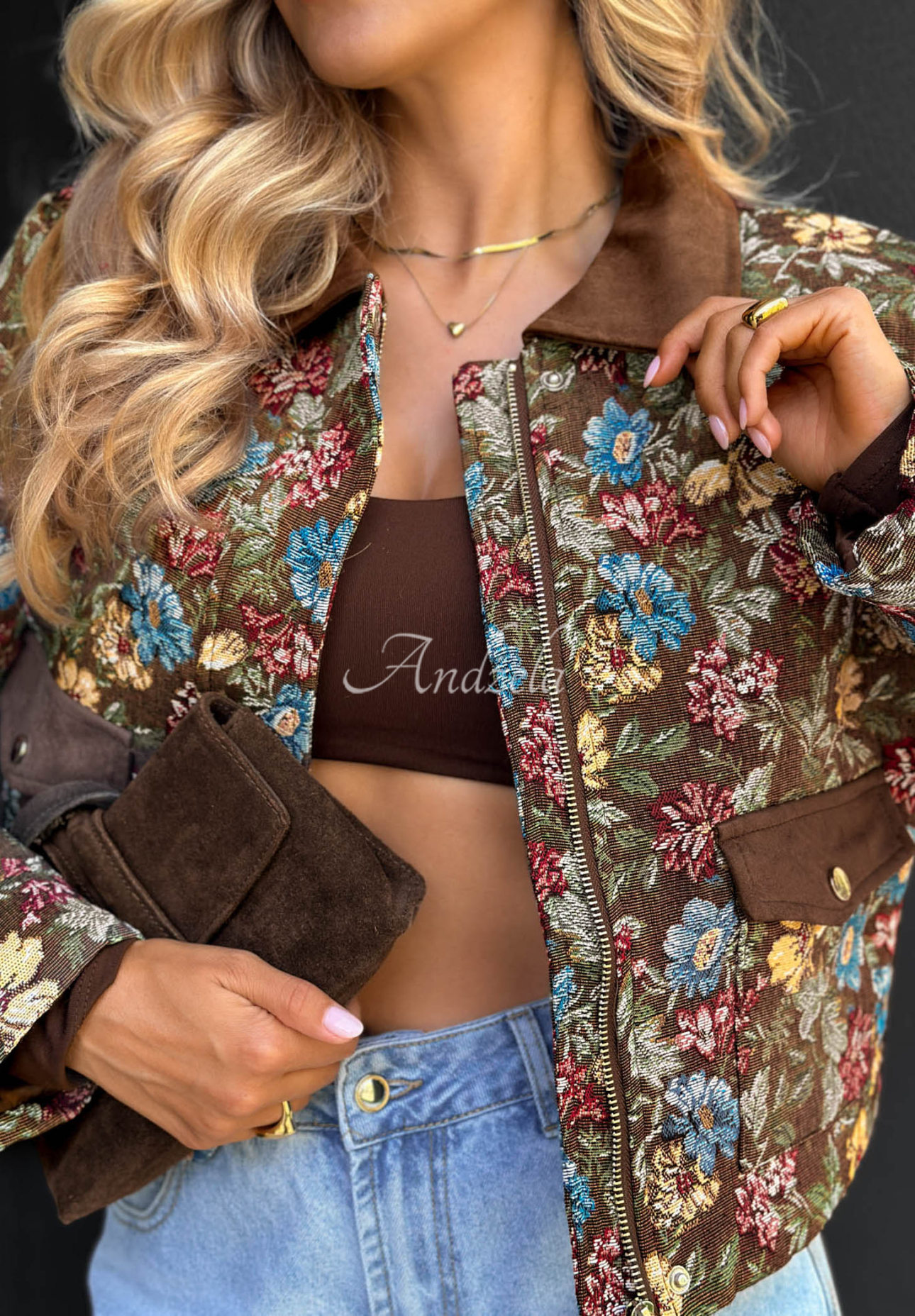 Jachetă scurtă din bumbac cu imprimeu floral și guler Floral Charm