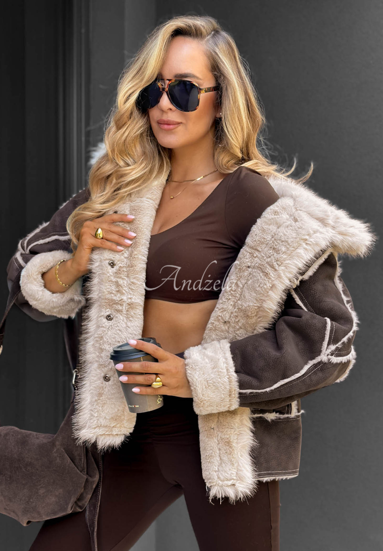 Jachetă din imitație de lână de miel cu blană Honey Ember