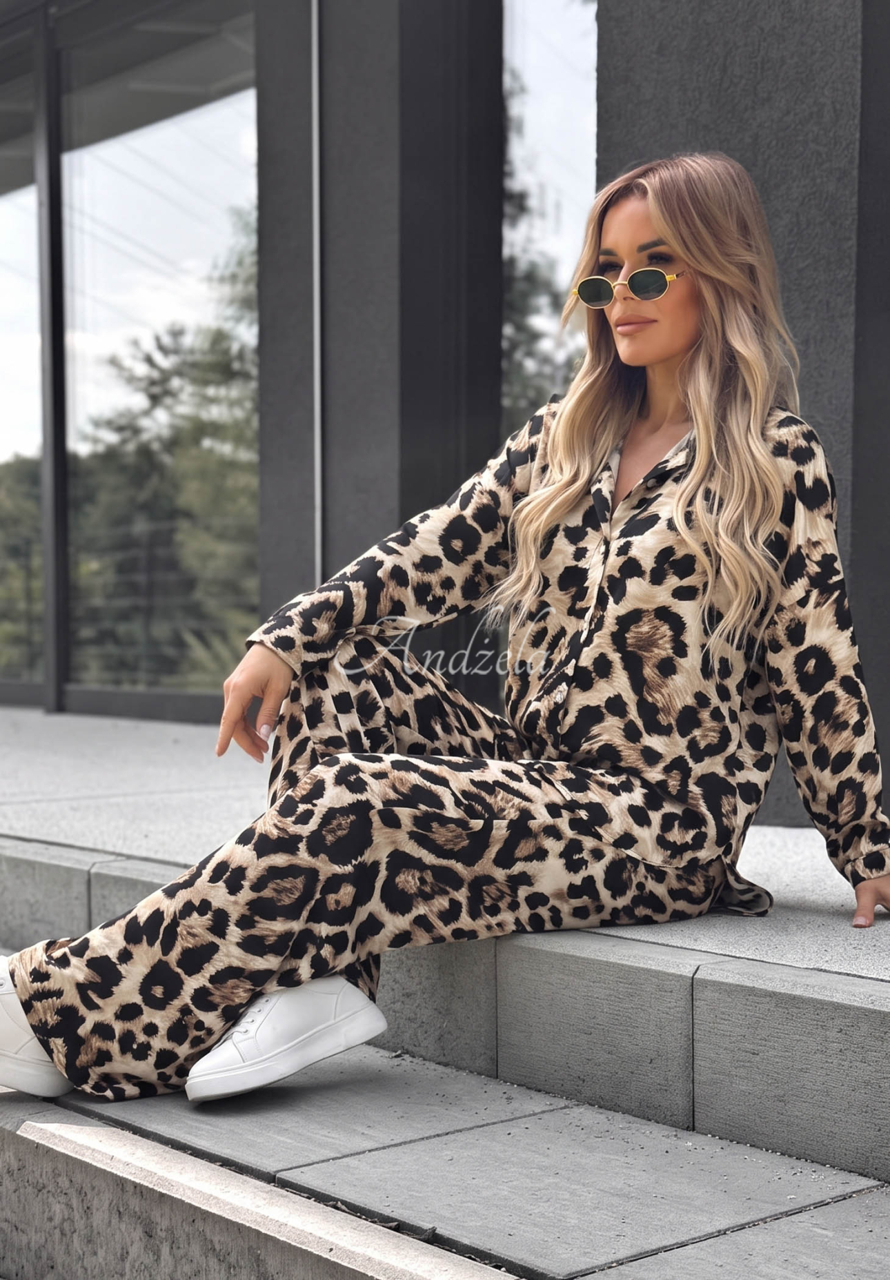 Set din viscoză cu imprimeu leopard: cămașă și pantaloni cu croială largă Summer Panther