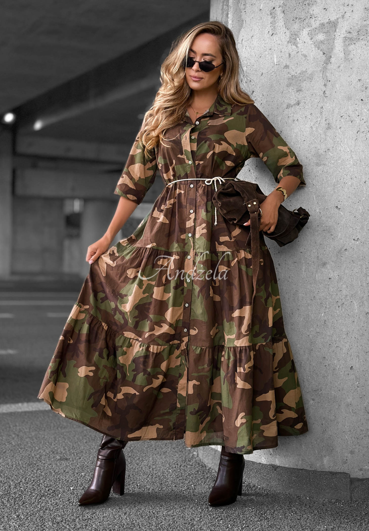 Rochie cămașă maxi cu volănașe din bumbac camuflaj Verde Vibe