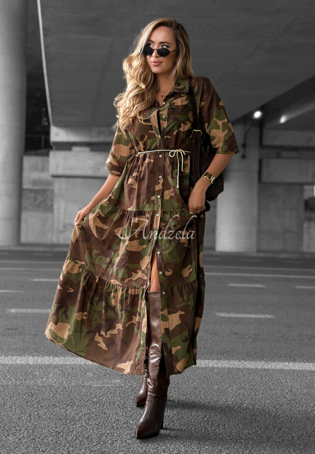 Rochie cămașă maxi cu volănașe din bumbac camuflaj Verde Vibe