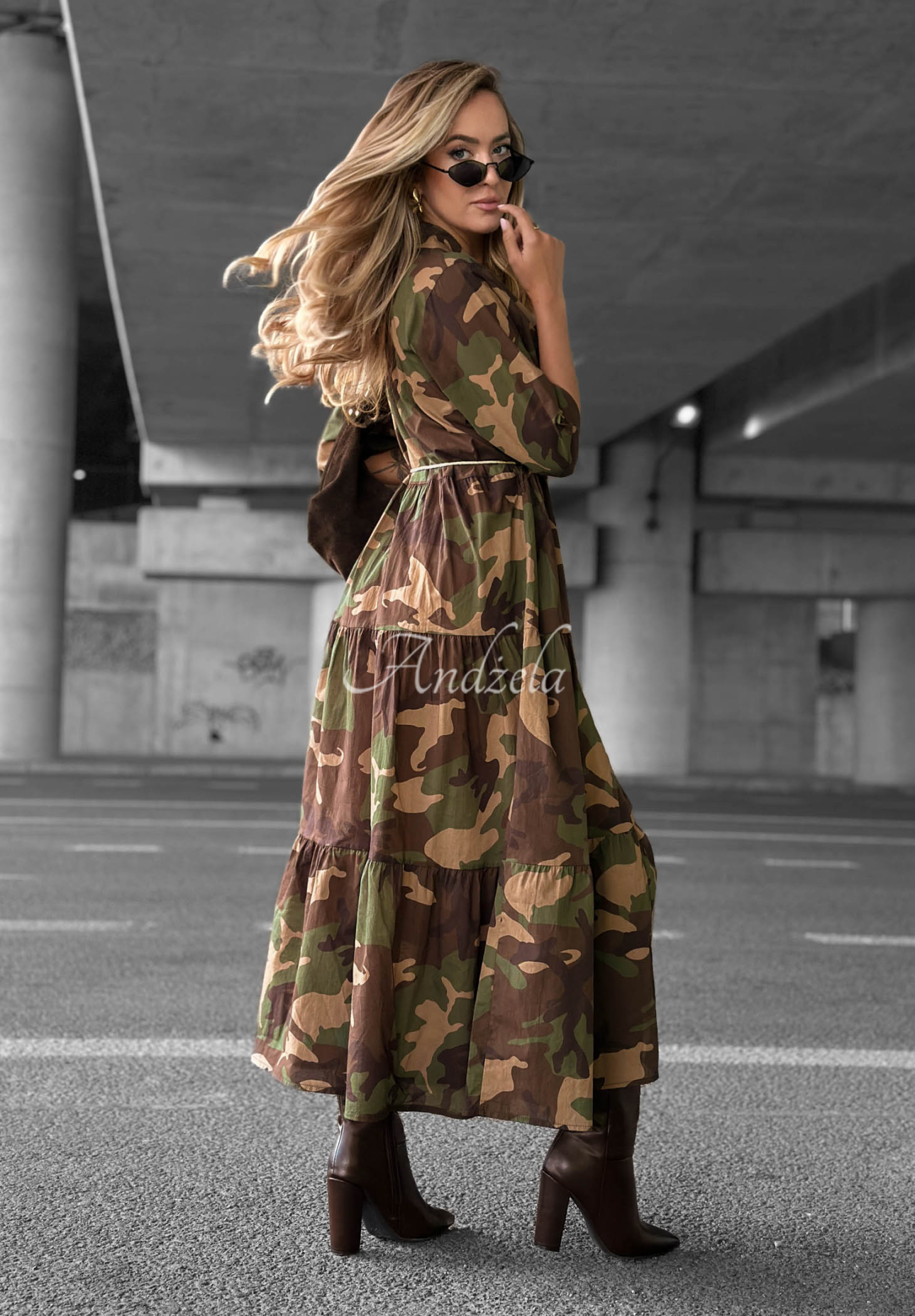 Rochie cămașă maxi cu volănașe din bumbac camuflaj Verde Vibe