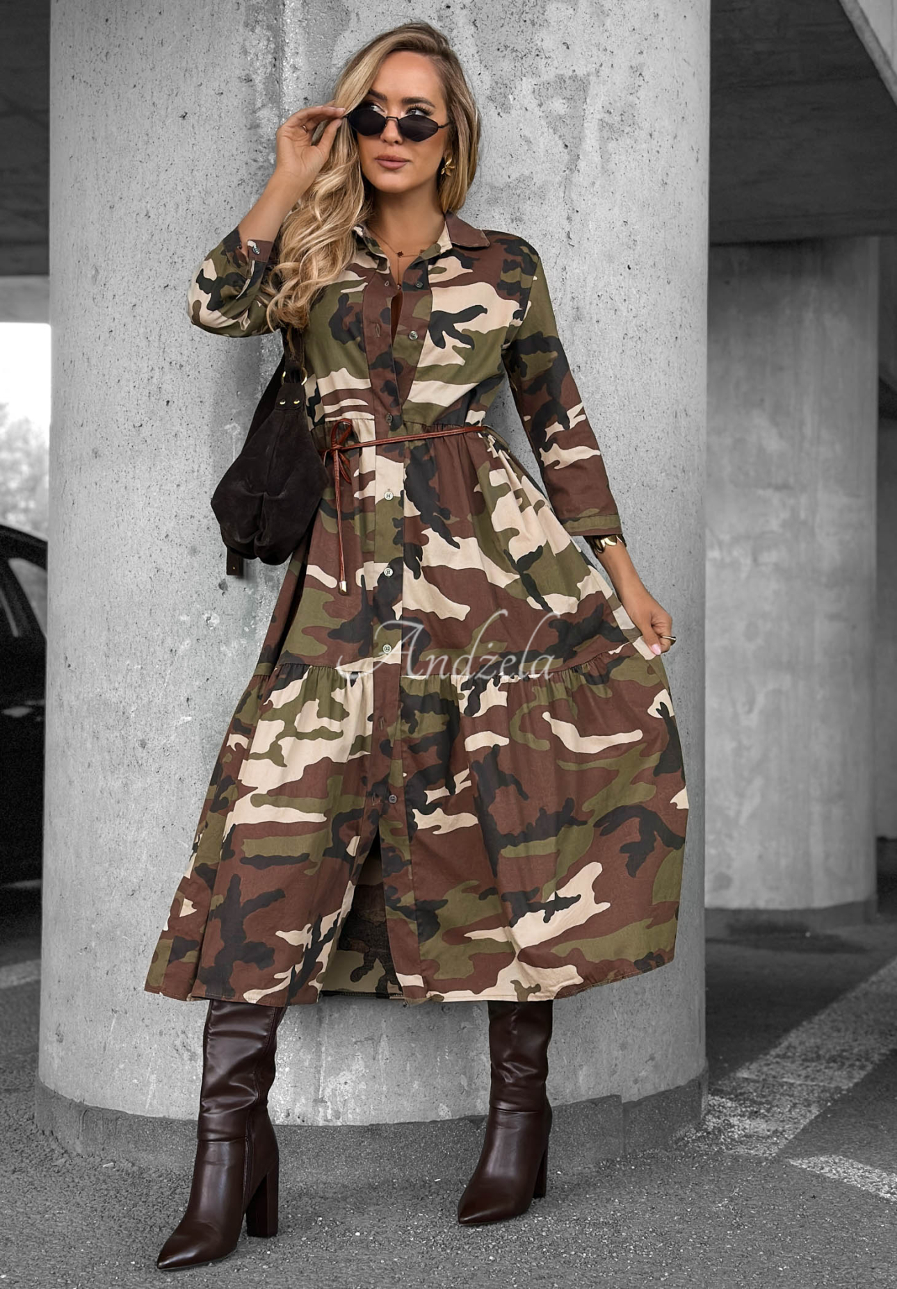 Rochie tip cămașă din bumbac cu curea și imprimeu camuflaj Daily Mission