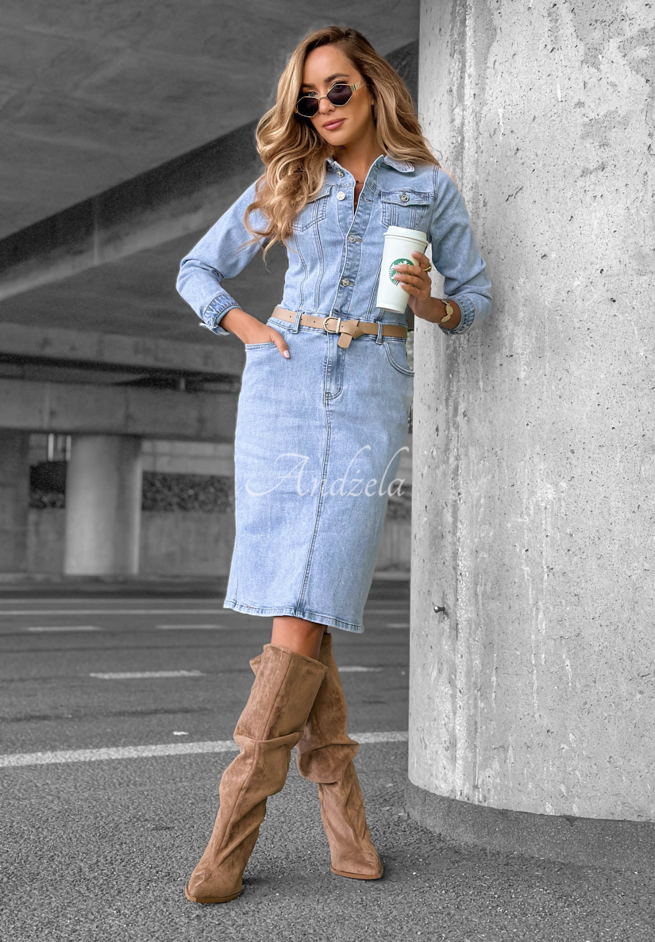 Rochie midi din denim cu curea Are You Ready
