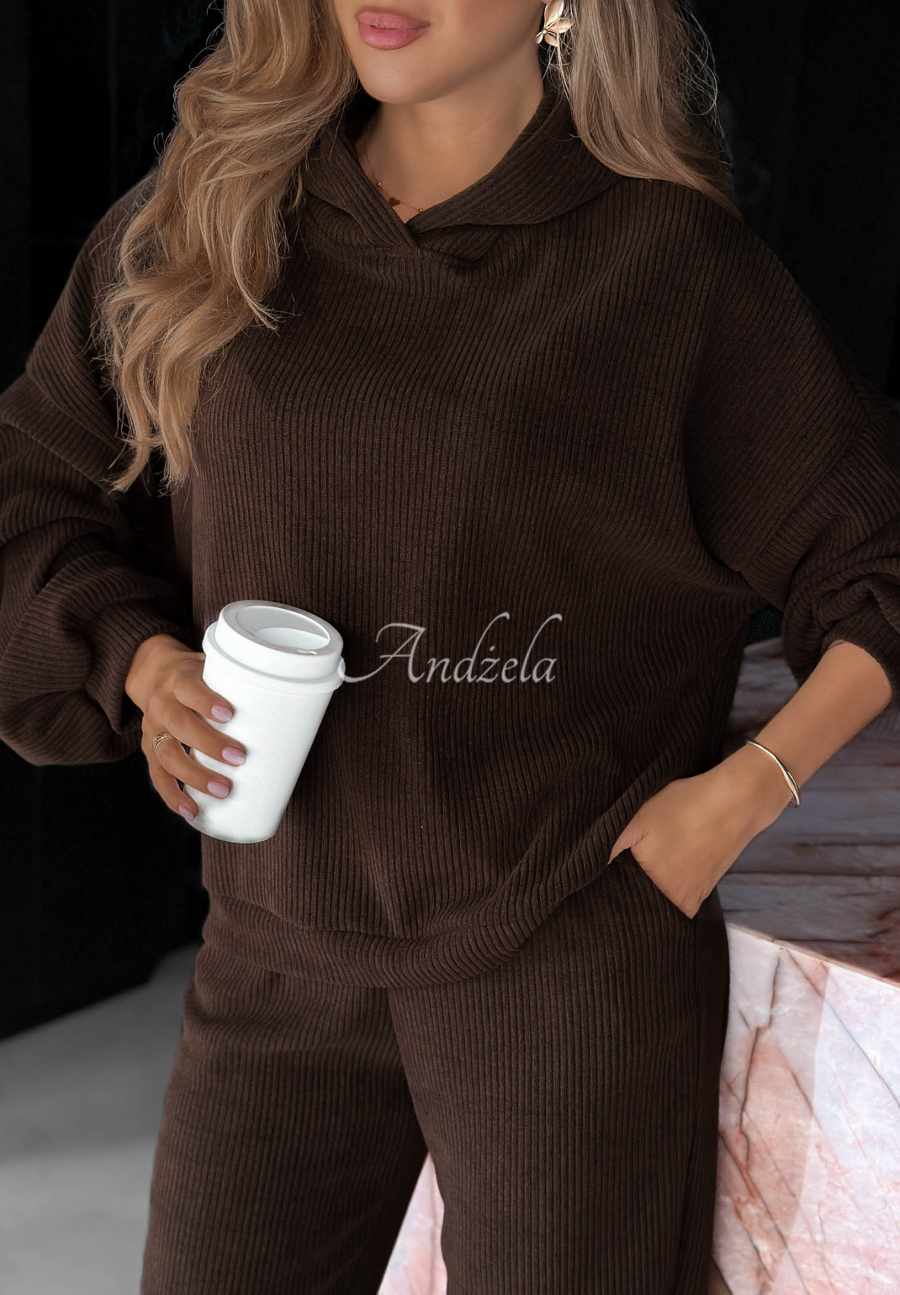 Set din catifea reiată cu hanorac cu glugă și pantaloni din bumbac Quiet Confidence