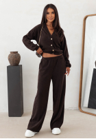 Prążkowany Compleu Pulover i Pantaloni wide leg Simple Escape ciocolatiu