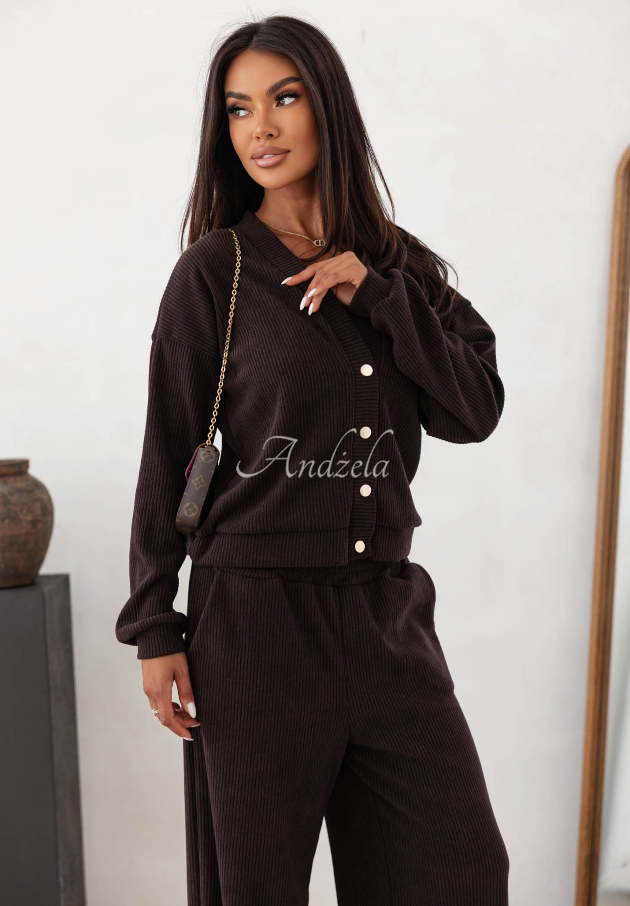 Compleu din catifea reiată din bumbac cu bluză și pantaloni wide leg Simple Escape