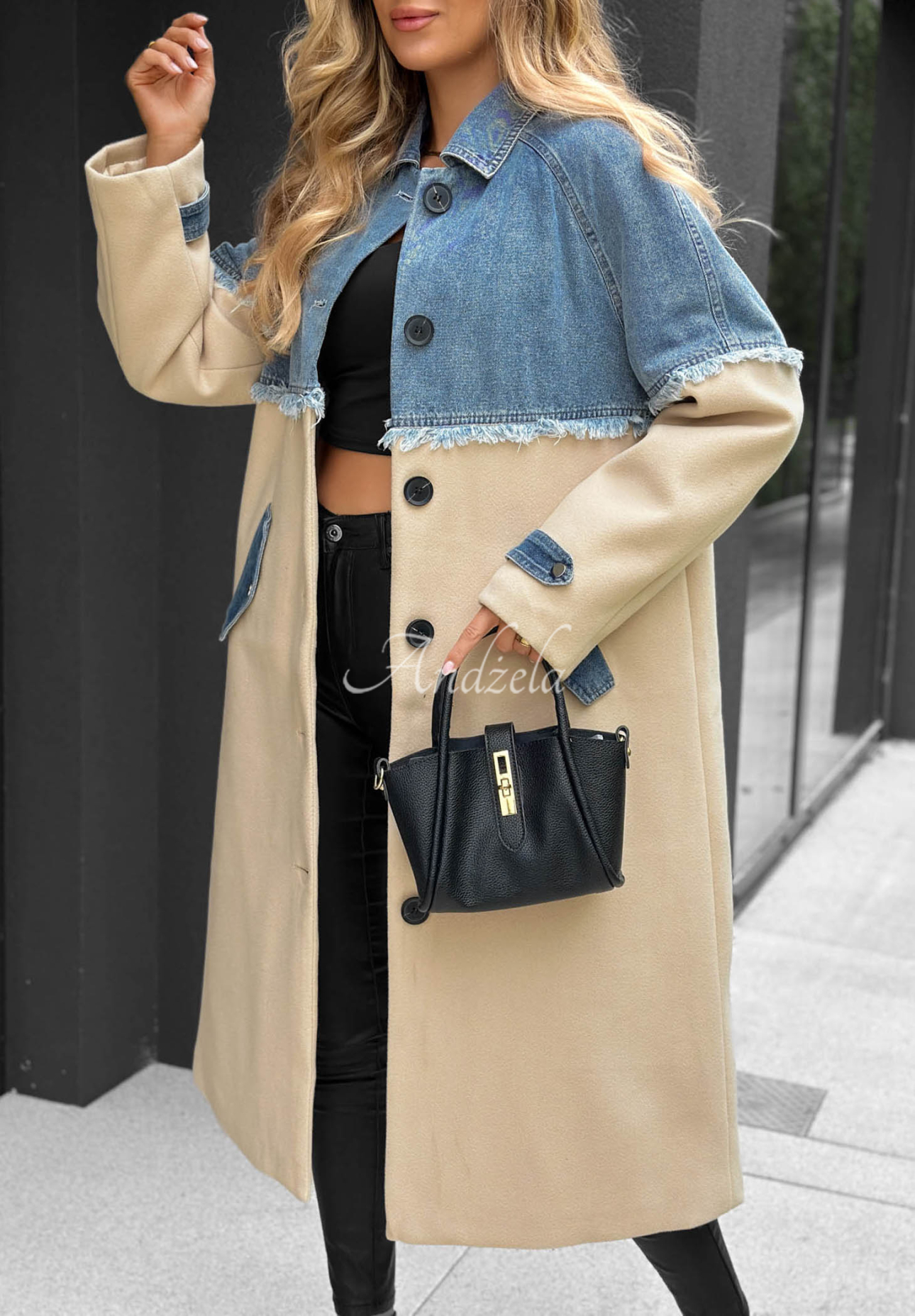Pardesiu lung cu accente din denim Park Avenue