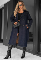 Długi din denim Palton  trencz z paskiem Autumn Outfits ciemnogranatowy