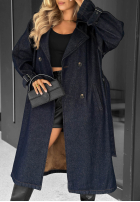 Długi din denim Palton  trencz z paskiem Autumn Outfits ciemnogranatowy