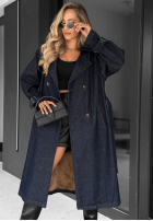 Długi din denim Palton  trencz z paskiem Autumn Outfits ciemnogranatowy