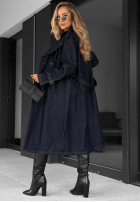 Długi din denim Palton  trencz z paskiem Autumn Outfits ciemnogranatowy