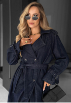 Długi din denim Palton  trencz z paskiem Autumn Outfits ciemnogranatowy