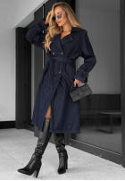 Długi din denim Palton  trencz z paskiem Autumn Outfits ciemnogranatowy