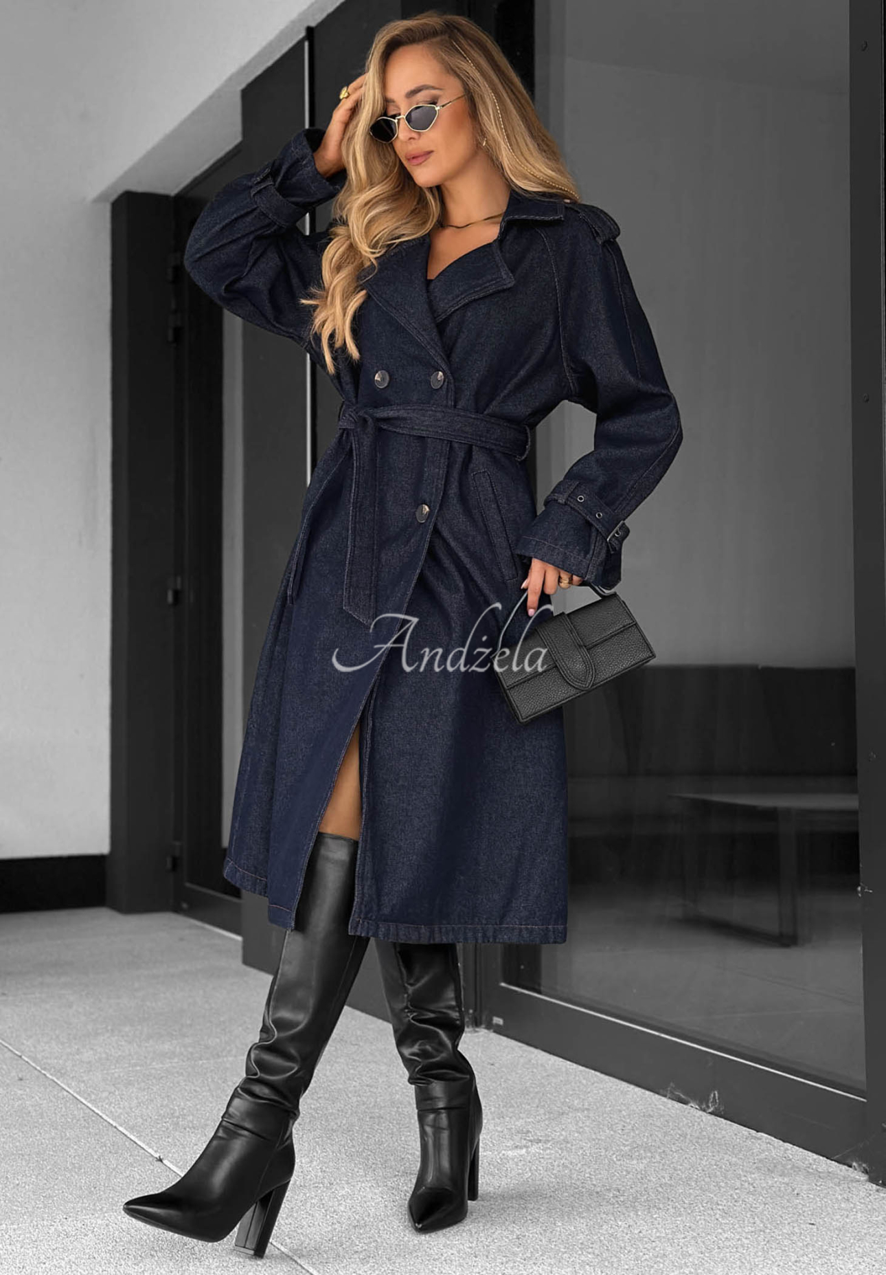 Pardesiu trenci lung din denim cu curea Autumn Outfits