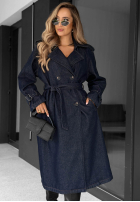 Długi din denim Palton  trencz z paskiem Autumn Outfits ciemnogranatowy