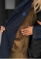 Długi din denim Palton  trencz z paskiem Autumn Outfits ciemnogranatowy
