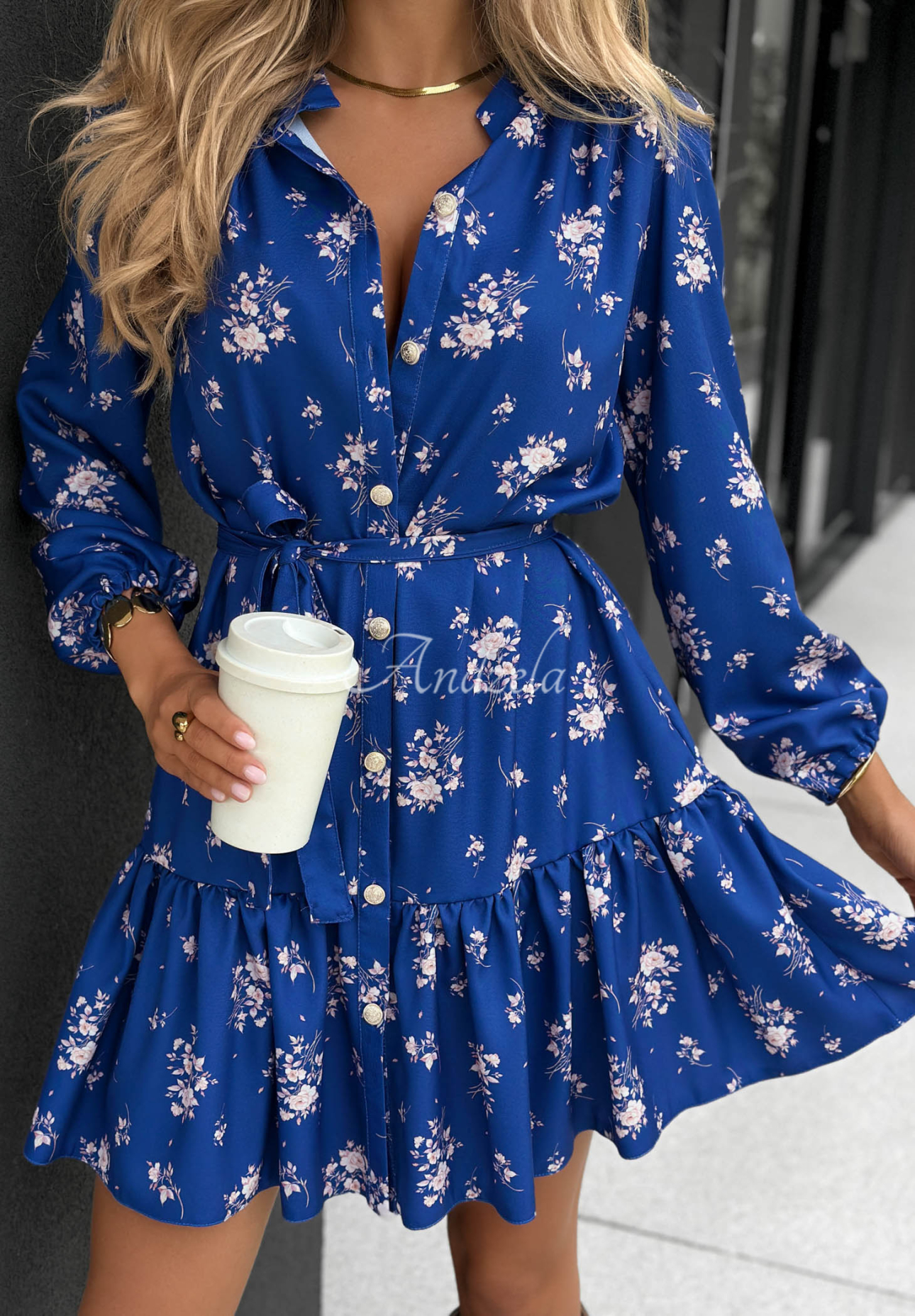 Rochie tip cămașă din vâscoză cu volănaș și imprimeu floral Call My Name