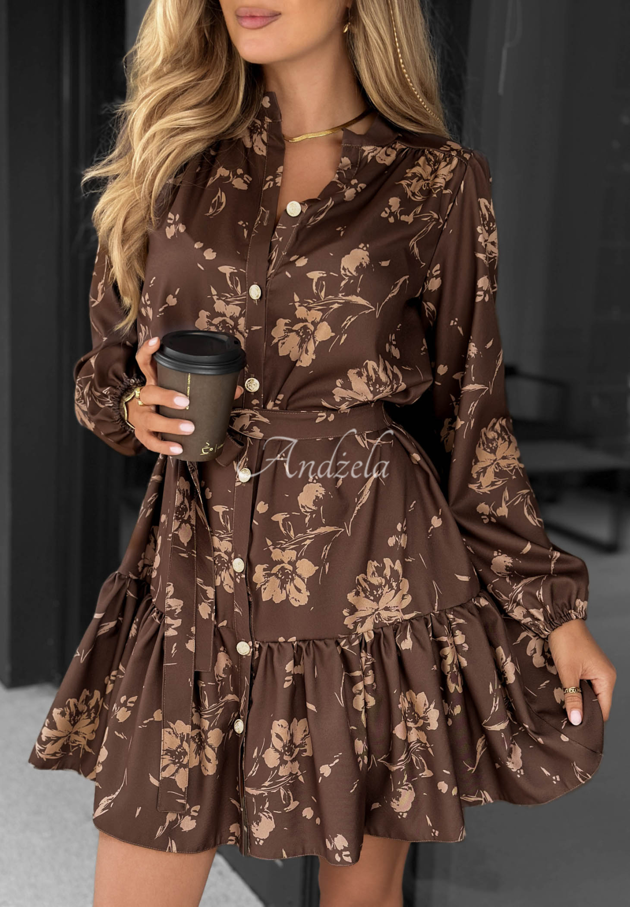 Rochie tip cămașă din vâscoză cu volănaș și imprimeu floral Call My Name