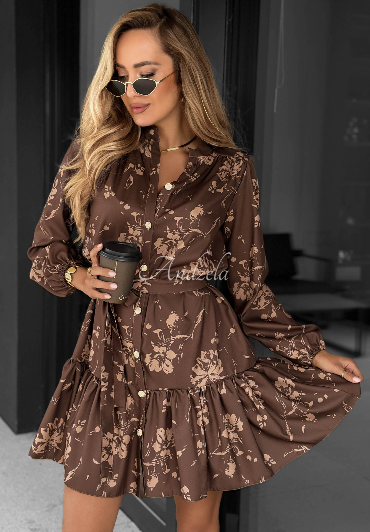 Rochie tip cămașă din vâscoză cu volănaș și imprimeu floral Call My Name