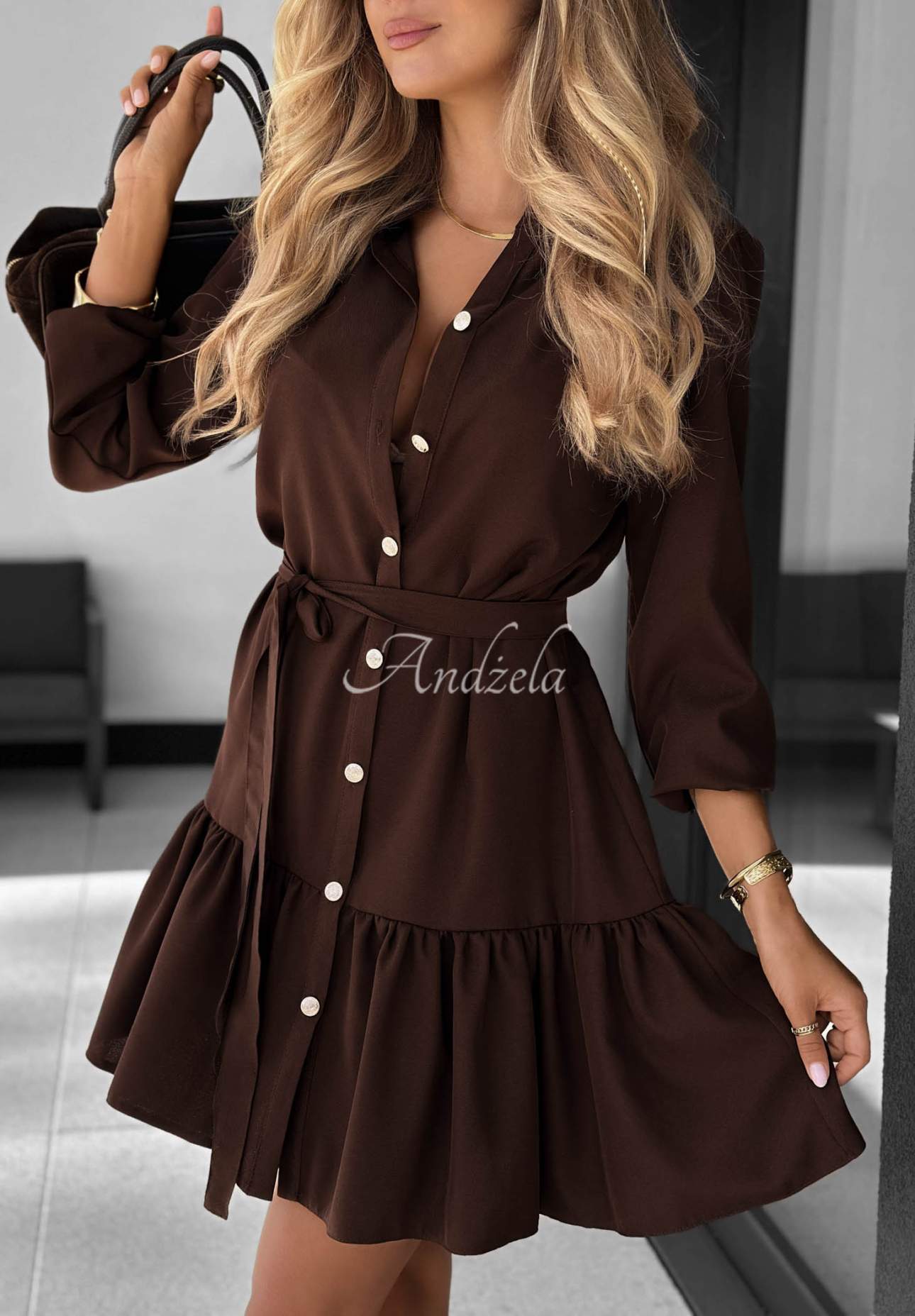 Rochie tip cămașă din vâscoză cu volănaș Call My Name