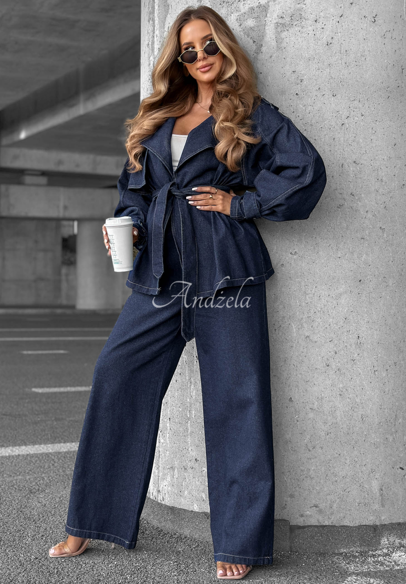 Set din denim cu trenci scurt și pantaloni wide leg Autumn Edit