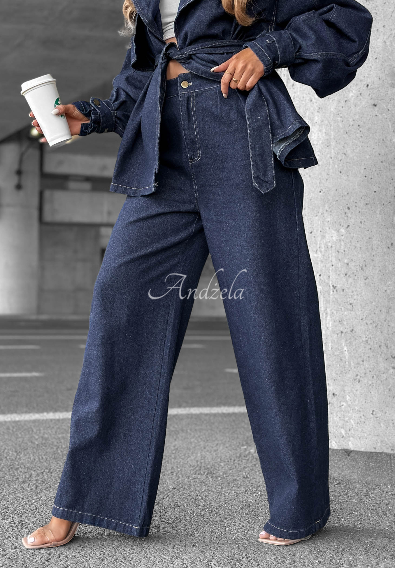 Set din denim cu trenci scurt și pantaloni wide leg Autumn Edit