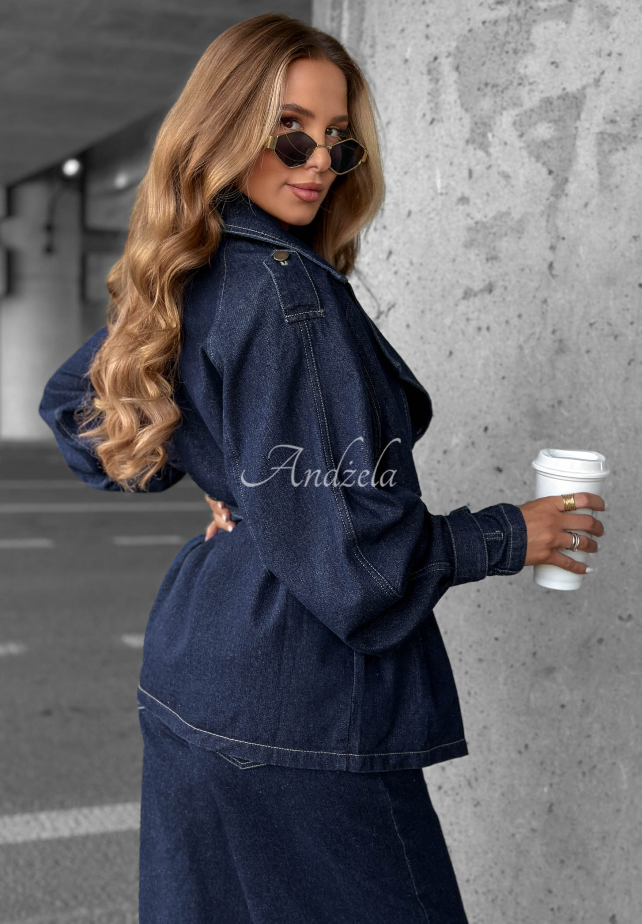 Set din denim cu trenci scurt și pantaloni wide leg Autumn Edit