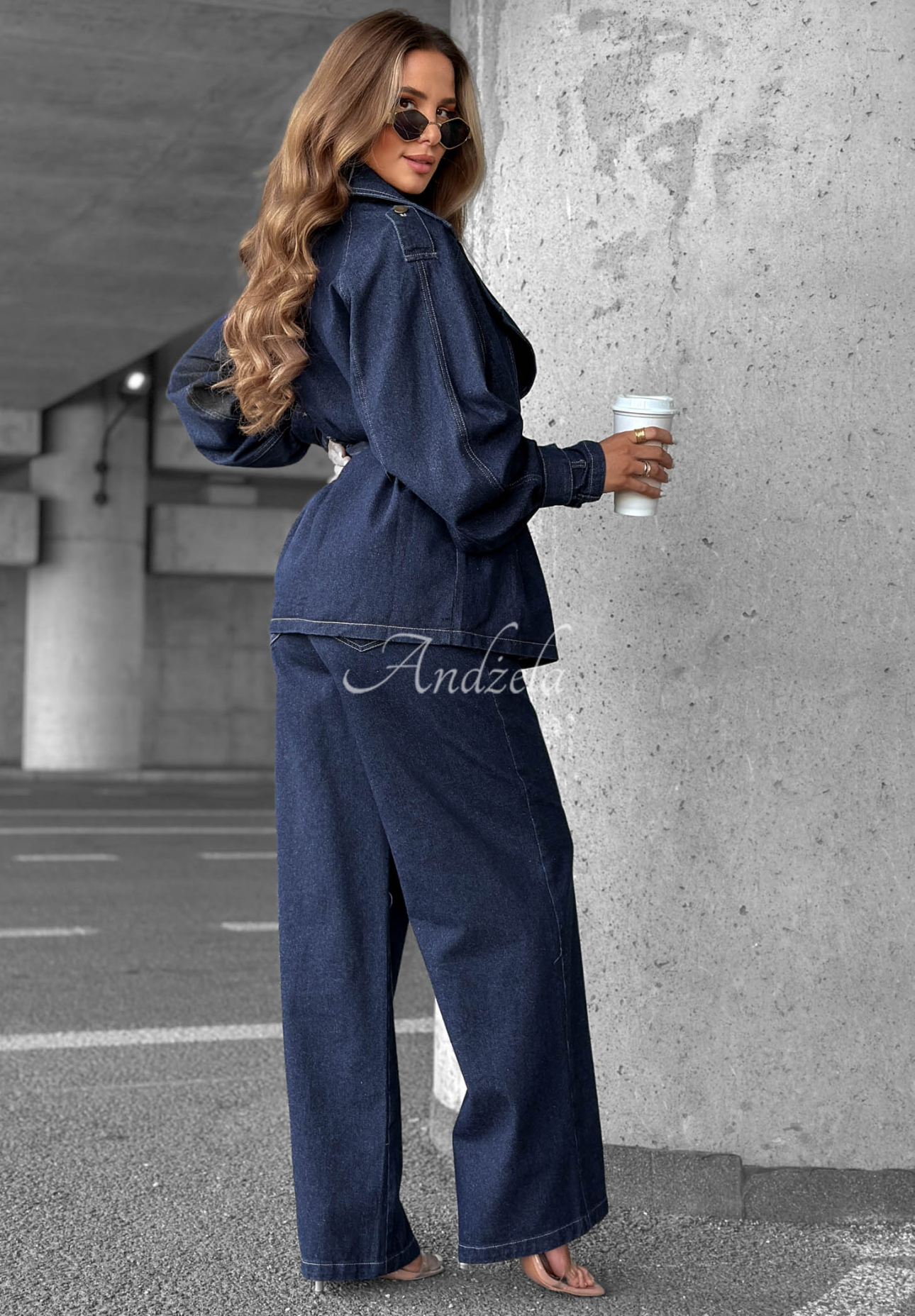 Set din denim cu trenci scurt și pantaloni wide leg Autumn Edit