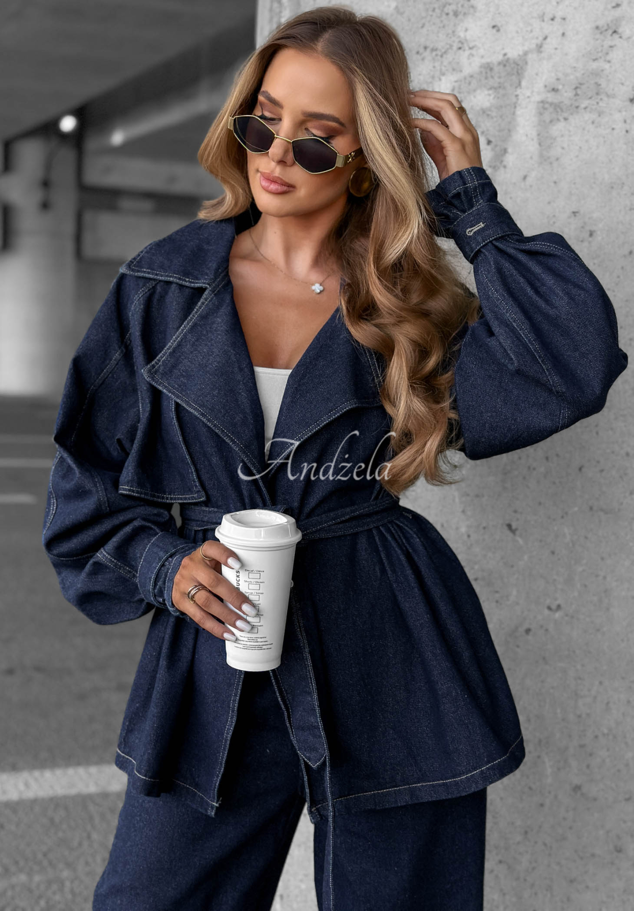 Set din denim cu trenci scurt și pantaloni wide leg Autumn Edit