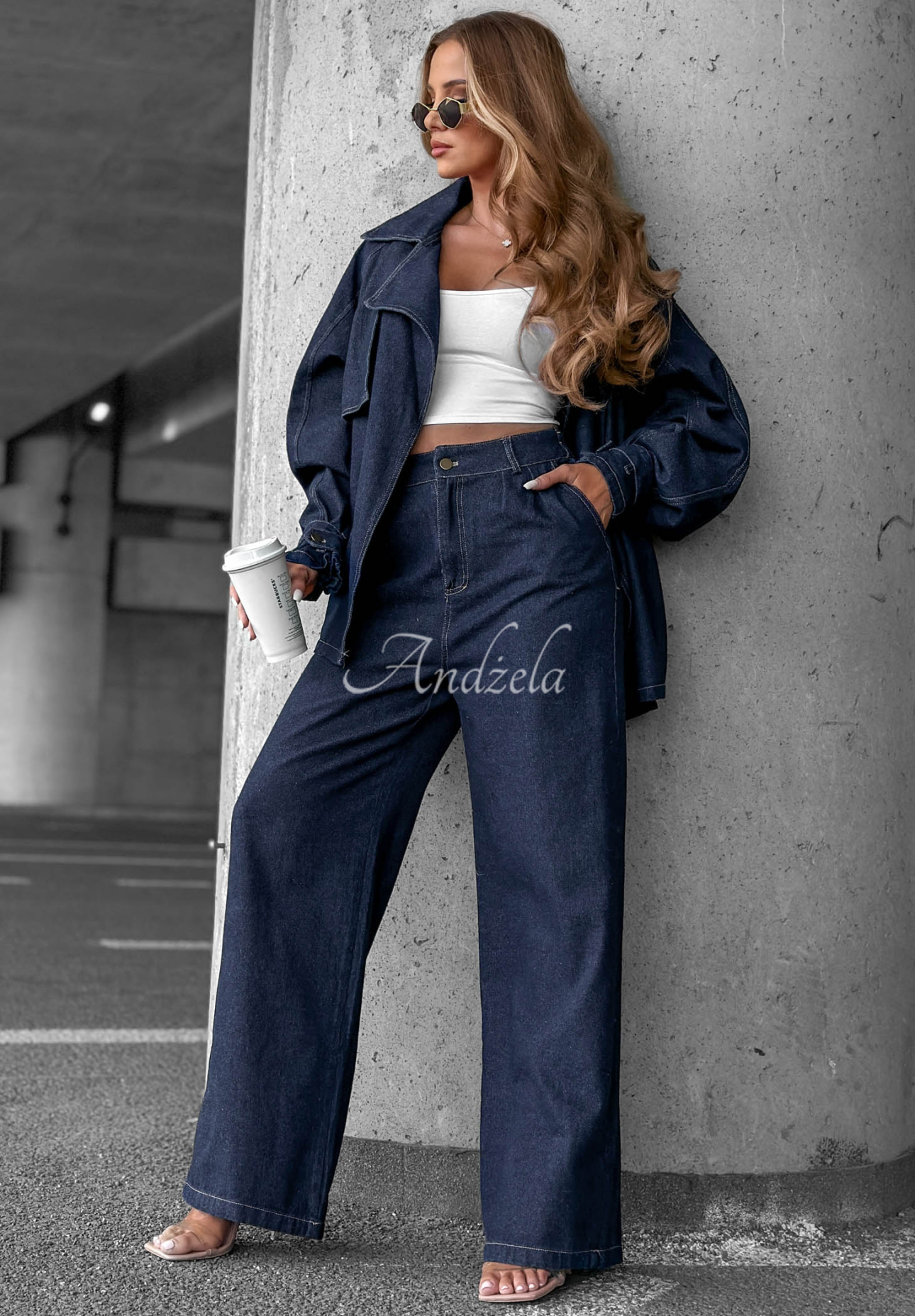 Set din denim cu trenci scurt și pantaloni wide leg Autumn Edit