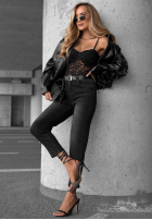 Pantaloni din denim mom fit z paskiem Best Moment gri închis