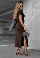 Rochie midi z wiązaniem i rozcięciem Lady Perfection ciocolatie