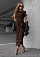 Rochie midi z wiązaniem i rozcięciem Lady Perfection ciocolatie