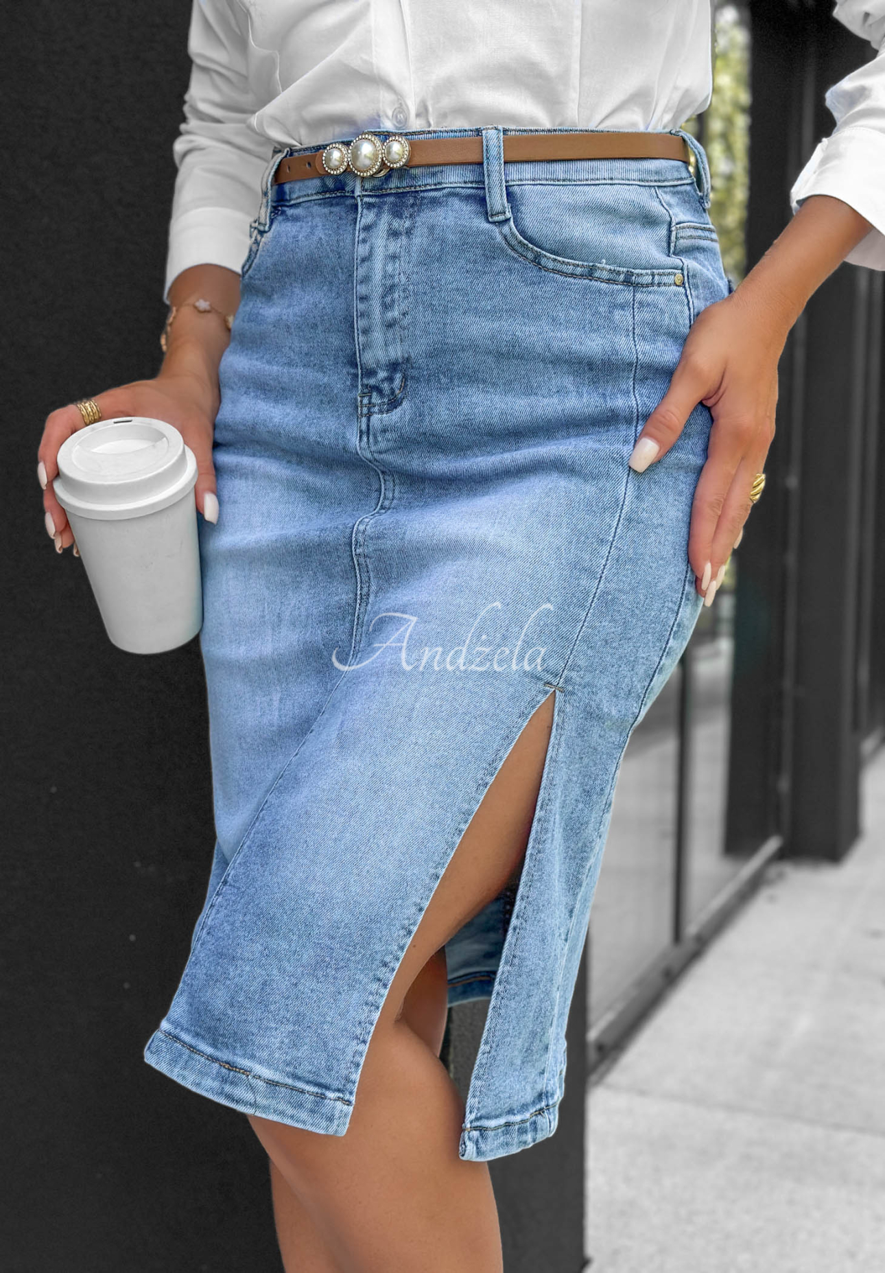 Fustă midi din denim cu curea For The Moment