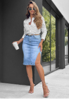 din denim Fustă midi z paskiem For The Moment albastru deschis