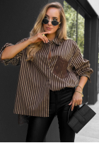 Cămașă oversize w paski Stripe Charm beżowo-ciocolatie