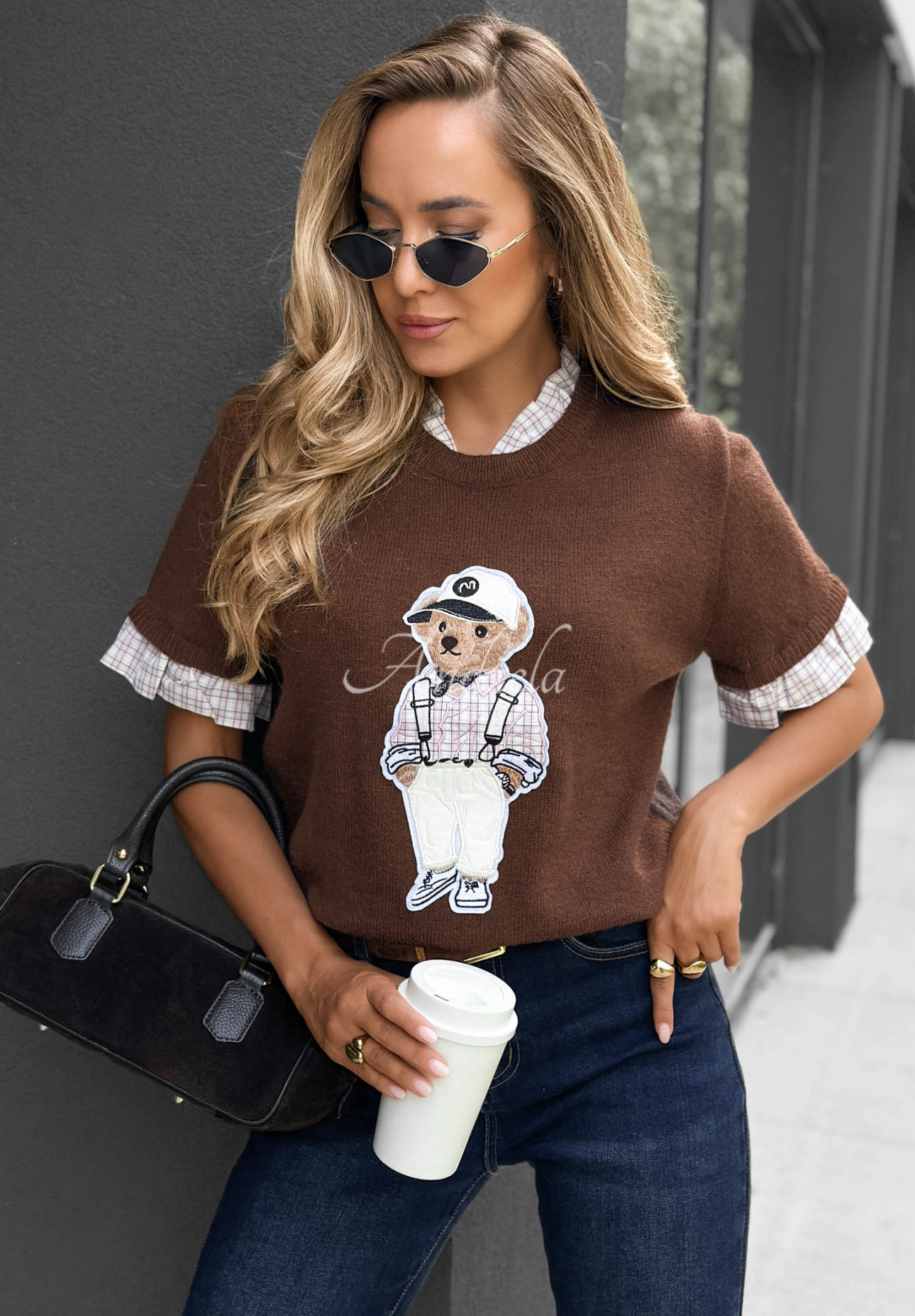 Pulover din vâscoză cu mânecă scurtă și ursuleț Little Teddy