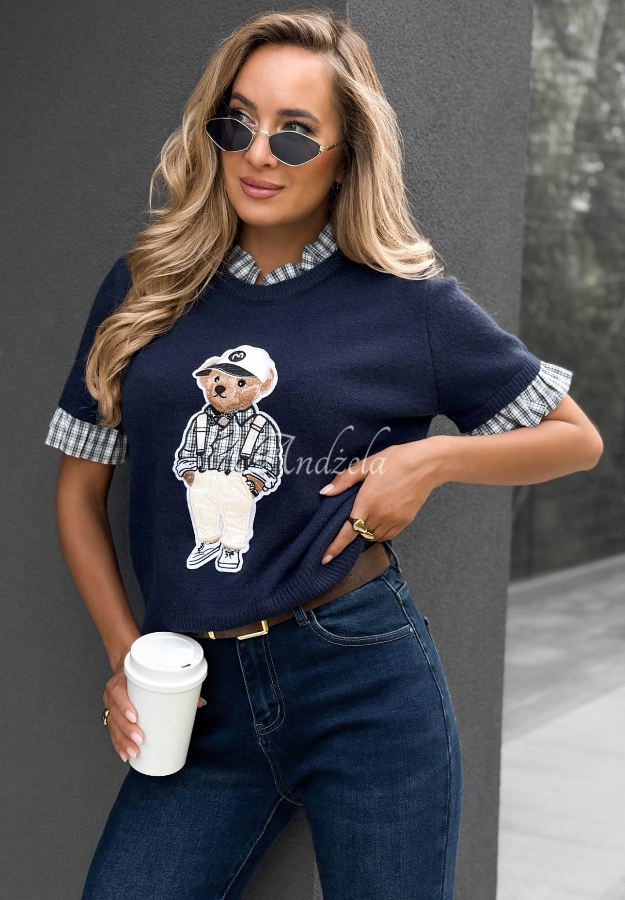 Pulover din vâscoză cu mânecă scurtă și ursuleț Little Teddy