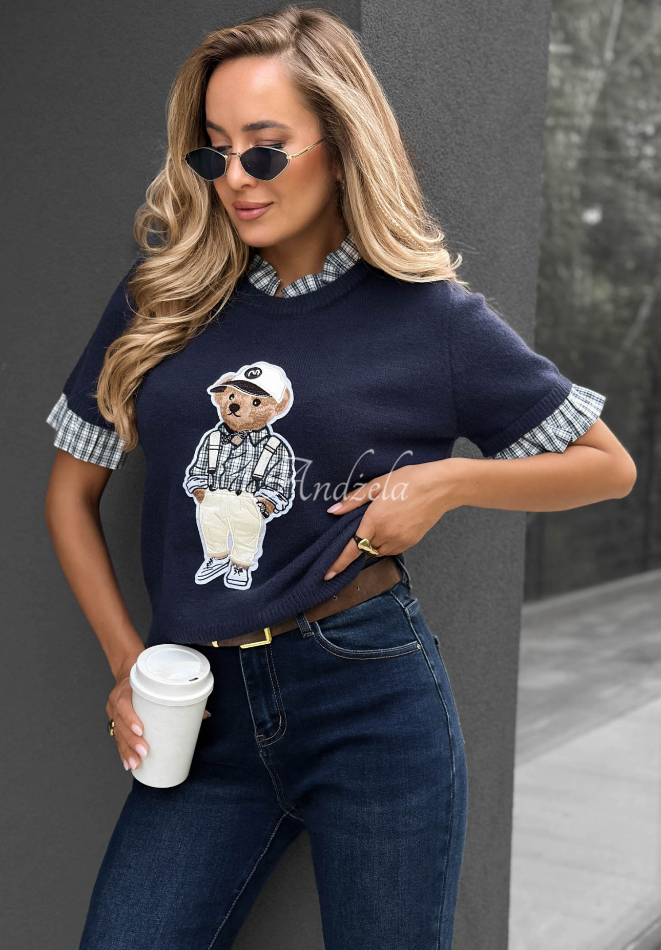 Pulover din vâscoză cu mânecă scurtă și ursuleț Little Teddy