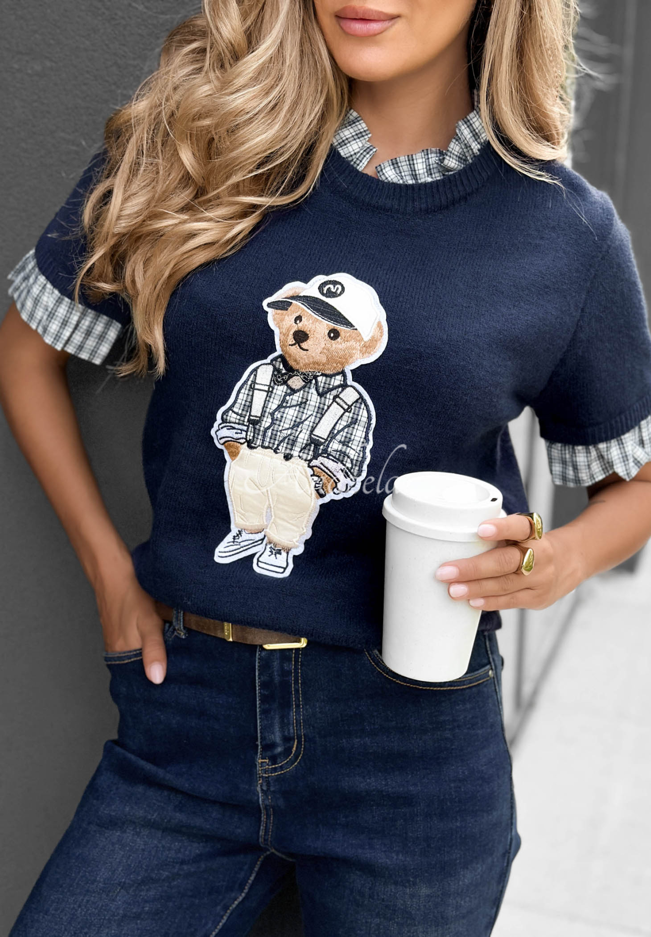 Pulover din vâscoză cu mânecă scurtă și ursuleț Little Teddy