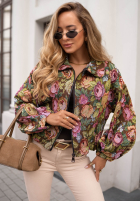 Scurtă żakardowa Geacă bomberka w kwiaty Autumn Select ciocolatie