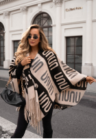 Eșarfă ponczo oversize cu modele No Reply beżowo-negru