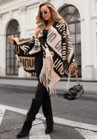 Eșarfă ponczo oversize cu modele No Reply beżowo-negru