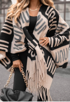 Eșarfă ponczo oversize cu modele No Reply beżowo-negru
