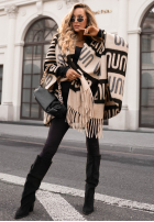Eșarfă ponczo oversize cu modele No Reply beżowo-negru