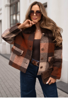 Krótki Palton  w kratę z futerkiem Autumn Mood czekoladowo-gri