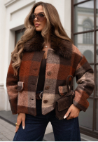 Krótki Palton  w kratę z futerkiem Autumn Mood czekoladowo-gri