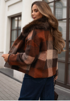 Krótki Palton  w kratę z futerkiem Autumn Mood czekoladowo-gri