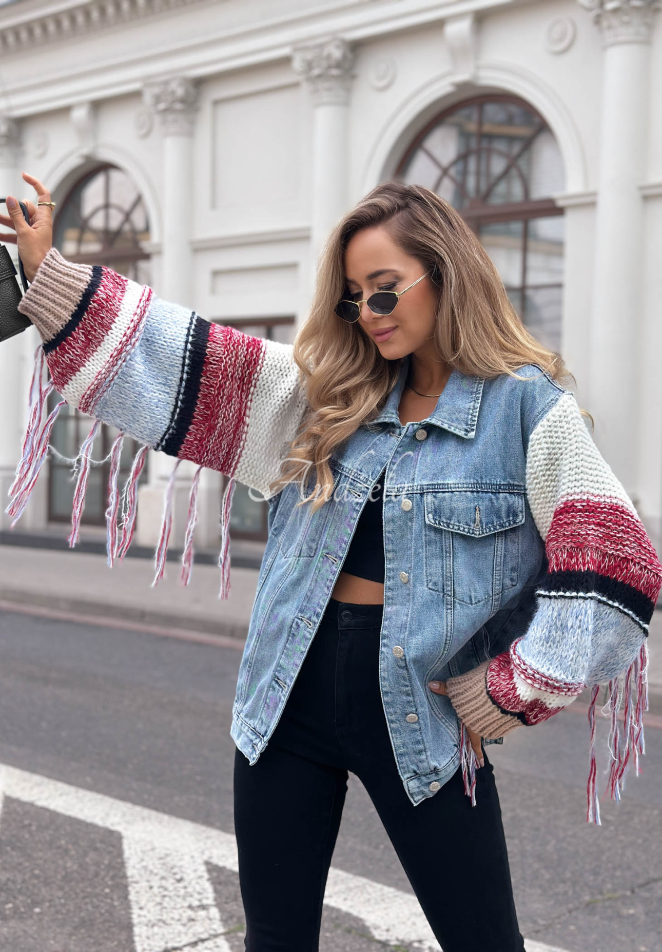 Geacă din denim cu mâneci tricotate Modern Knit